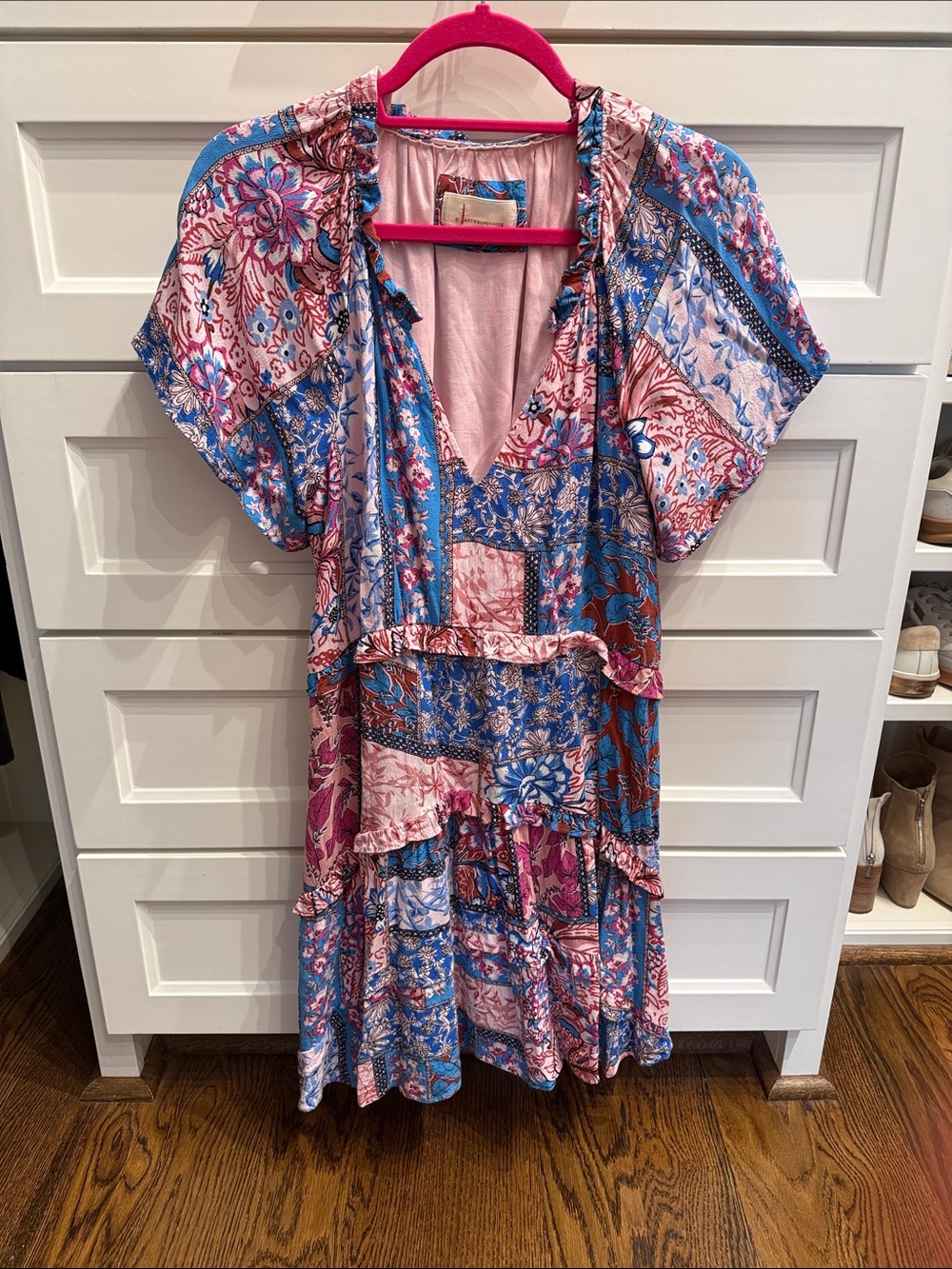 Anthropologie Pink and Blue Patchwork Mini Dress